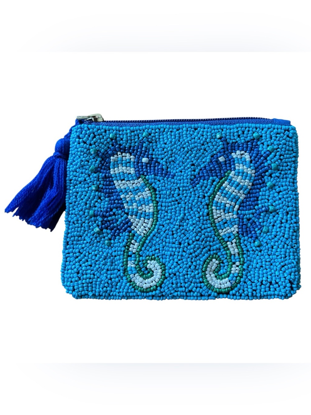 America & Beyond Beaded Seahorse Mini Bag Pouch Card Holder Royal Ocean Blues